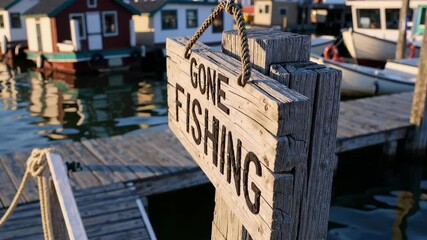 Rustic wooden dock with “Gone Fishing” sign and boats in harbor background, evoking leisure, coastal lifestyle and vintage seafaring charm in small marina