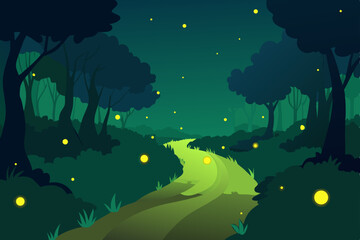 Obraz premium Abstract vector night landscape illustration with dark blue sky, moon, and tree silhouettes