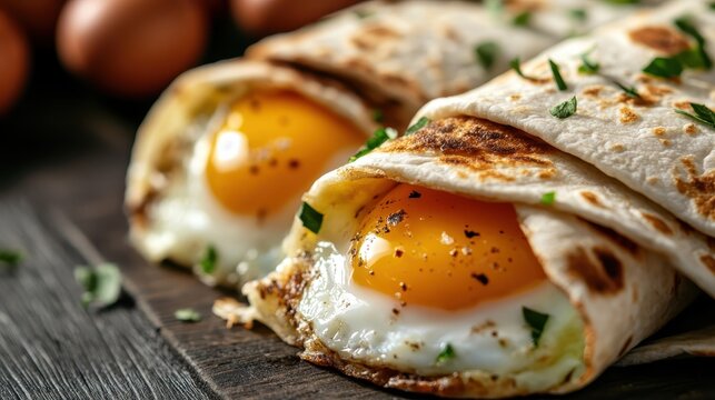 A tempting close-up of delicious breakfast wraps filled with perfectly cooked eggs and garnished with fresh herbs, appealing to food lovers and culinary enthusiasts alike.