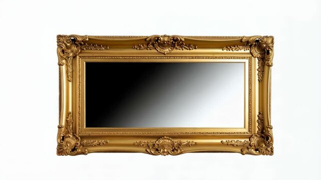Horizontal ornate golden frame with dark gradient center against a plain white background, design element for creative projects