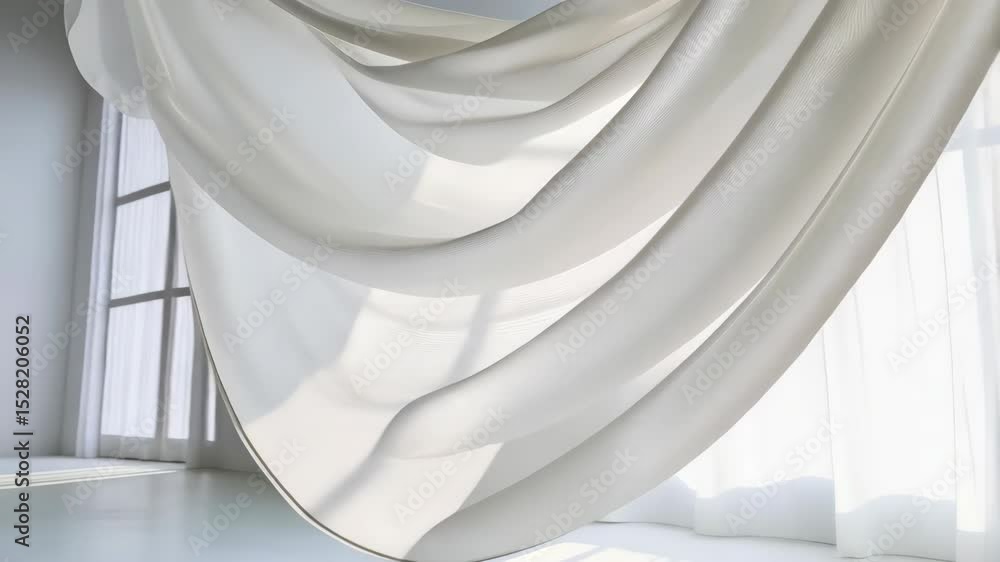 Poster elegant sheer white curtain swaying gently in front of window, casting soft shadows on the floor in 