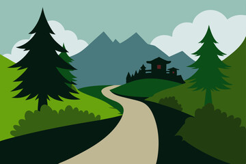 Winter mountain landscape with green pine trees, snow, and a clear blue sky