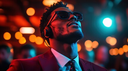 A fashionable musician wearing headphones and stylish sunglasses revels in captivating beats, illuminated by vibrant, colored lights that create an electrifying nightlife experience.
