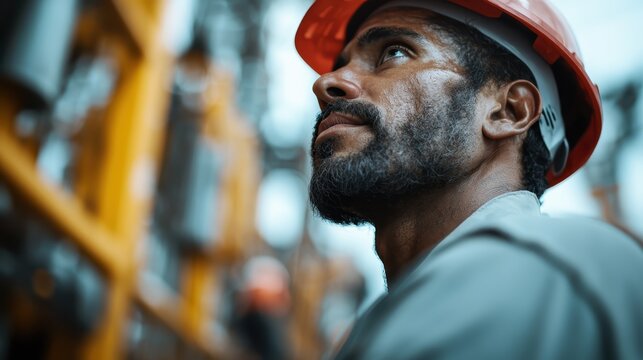 A dedicated man wearing a safety helmet gazes upward at the construction site, showcasing determination and focus amidst the bustling environment of labor and progress in modern development.