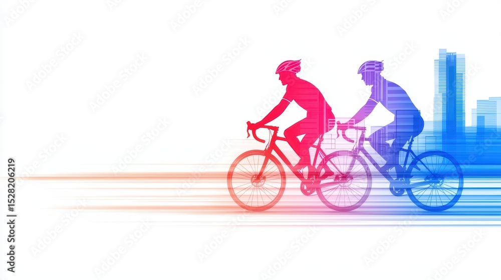Aufkleber dynamic cyclists in motion with vibrant color trails representing speed and energy in urban landscap
