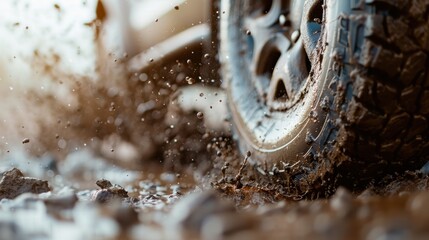 A close-up of a tire splashing water and mud on rough terrain captures the thrill and adventure of off-road driving, showcasing the power and capabilities of rugged vehicles.