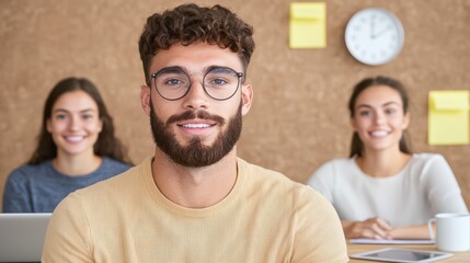 Smiling young man in office setting with two women in background showcasing teamwork and collaboration in creative workspace