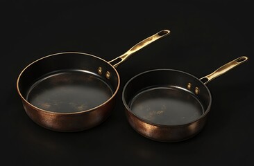 A set of three copper pots and pans with golden handles on a dark background,