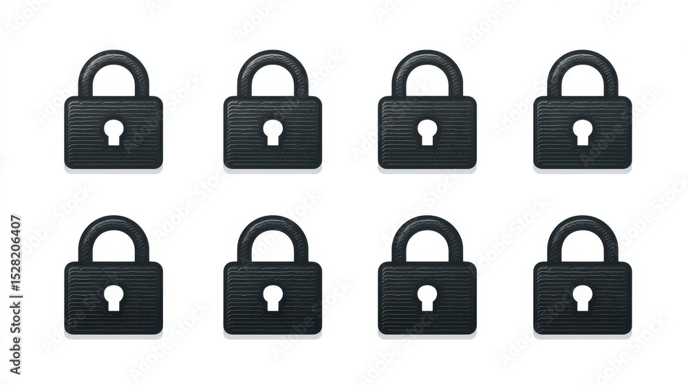 Poster eight identical black padlocks arranged in a grid pattern showcasing security and protection themes 