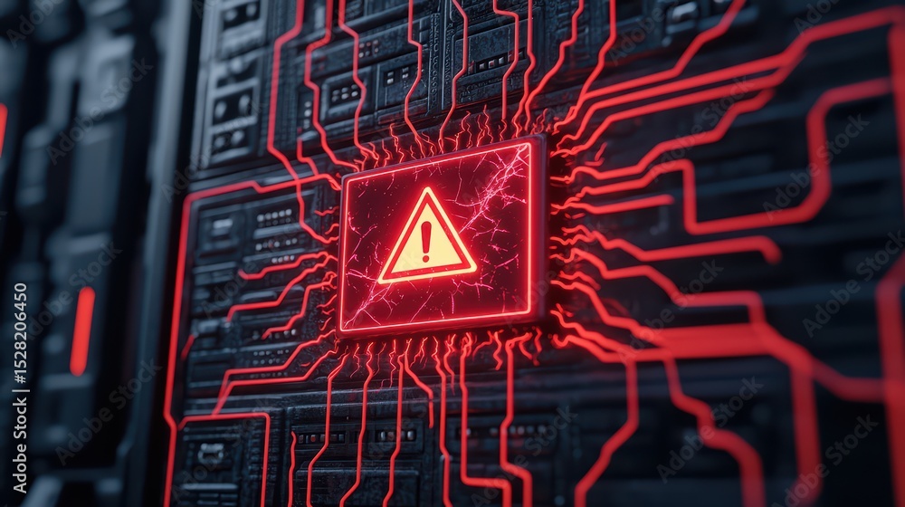 Poster red warning icon on circuit board with electric arcs illustrating technology and security concerns i