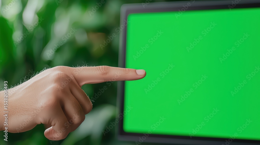 Poster hand pointing at a blank green screen monitor in a studio with greenery background for digital desig