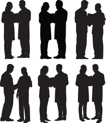 Six Doctor Silhouettes Discussing Medical Charts Teamwork Healthcare Professionals