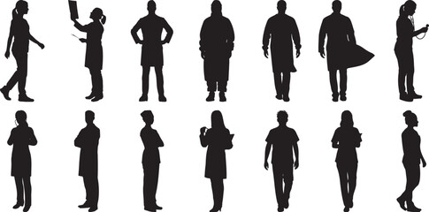 Diverse Healthcare Professionals Silhouettes Collection featuring Doctors Nurses and Medical Staff in various poses for design projects
