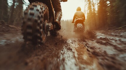 Dynamic scene showcasing two motorcyclists navigating a muddy trail in a forest, capturing the thrill of outdoor sports and adventure in a natural setting.