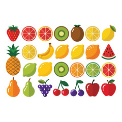 Vibrant collection of fresh fruit and berry icons: orange, lemon, apple, strawberry, cherry, pear, kiwi, banana, pineapple, watermelon, grapefruit, and lime on white