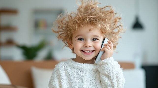 A joyful toddler with curly hair talks animatedly on a smartphone, embodying the innocence and enthusiasm of childhood while showcasing the modern connection through technology.