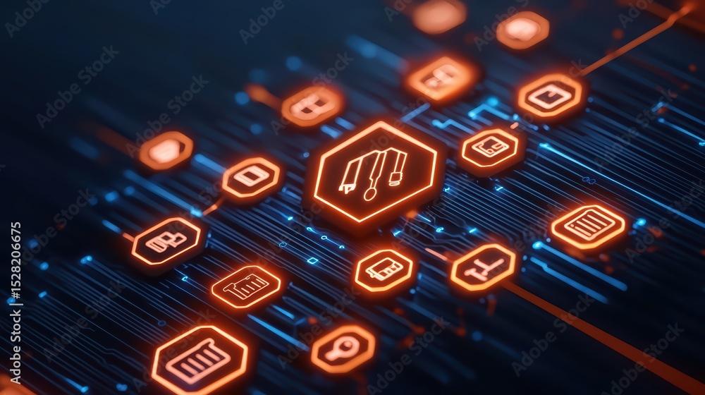 Poster futuristic digital interface with glowing icons and tools on dark background for technology and inno