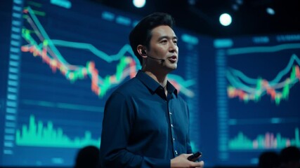 A confident speaker wearing a headset presents financial data and market trends to an engaged audience, with colorful stock charts displayed on a large digital screen behind him. - Powered by Adobe