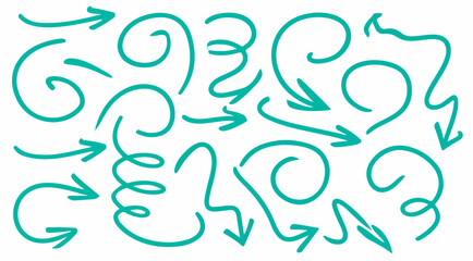 Pencil arrow doodles set - hand drawn swirls, curved lines, chaotic pointers. Chalk sketches, artistic design elements pack. Grunge style marker scribbles, crayon strokes outline drawings