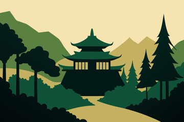 Vector illustration of an ancient Japanese temple and castle architecture, a landmark of Asian culture and history