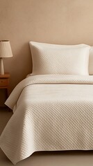 Elegant Bedding Set: Neutral Quilted Coverlet and Pillowcases on a Bedside Table with Lamp for Bedroom Decor Inspiration