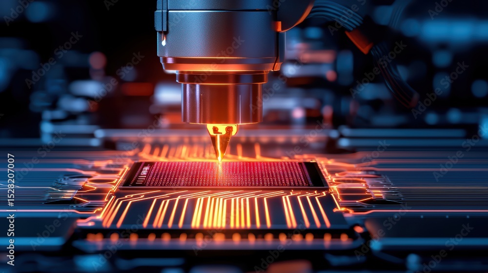 Poster advanced laser technology in action, focusing on circuit board design and electronic components with