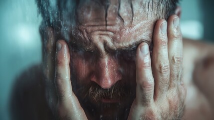 Obraz premium A poignant capture of a man in the shower expressing intense emotions, with water cascading down as he grapples with personal struggles in a private moment of vulnerability.