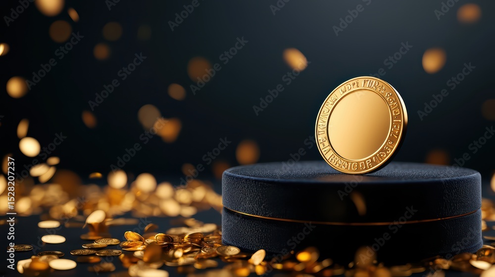 Poster golden coin on a black display with shimmering flakes and streaks of light in an artistic close-up c