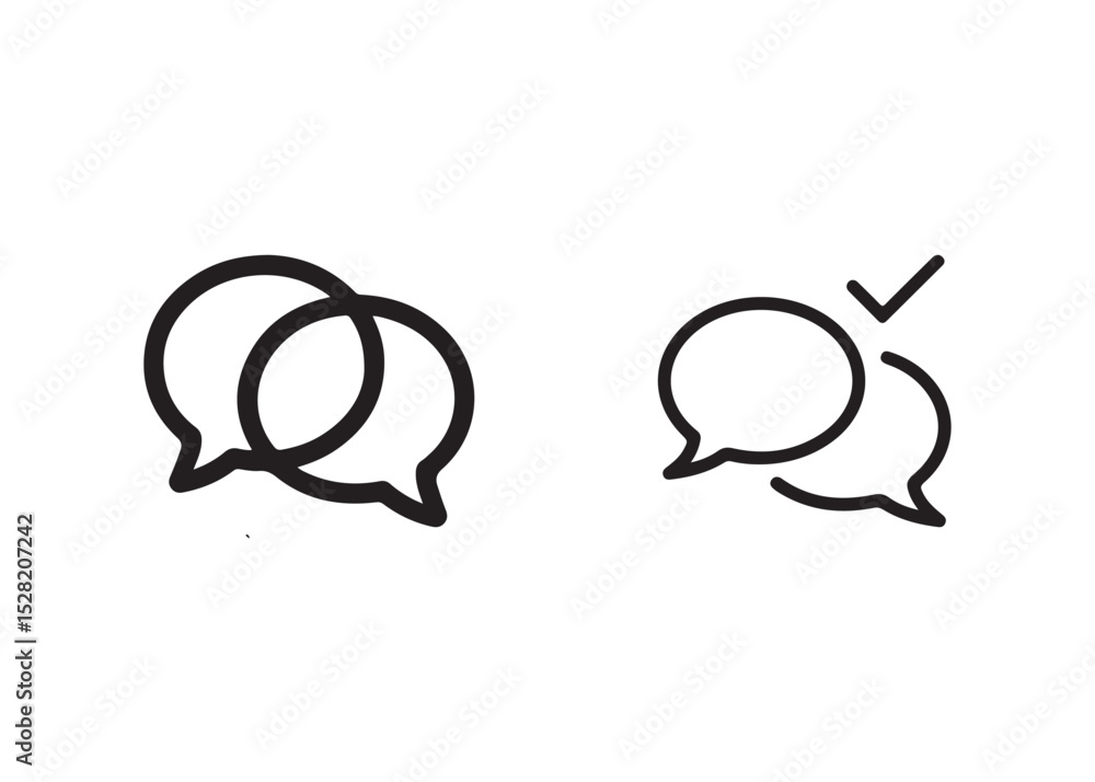 Poster simple black line art of overlapping speech bubbles with a check mark.