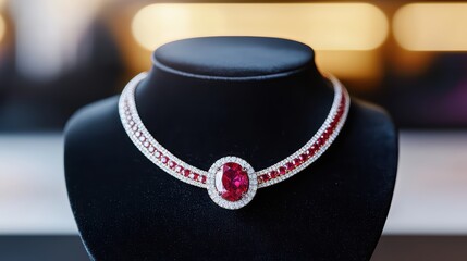 Exquisite Ruby and Diamond Necklace Displayed Elegantly on a Black Velvet Jewelry Stand in a Luxury Store Setting