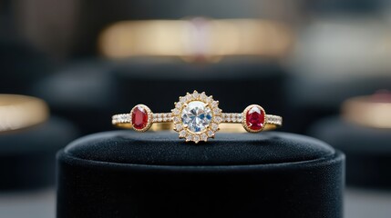 Elegant gold ring with red gemstones and sparkling center stone displayed on a black velvet stand in soft light