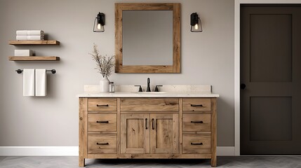 Rustic Bathroom Vanity with Wooden Framed Mirror and Floating Shelves Design Inspiration Ideas.
