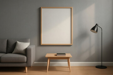 Scandinavian Living Room with Wooden Frame on Gray Wall