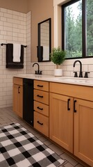 Modern bathroom design featuring wood vanity, black fixtures, white countertops and a checkered rug for a clean, stylish look.