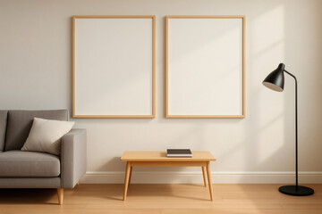 Sunlit Minimalist Living Room with Two Poster Frames