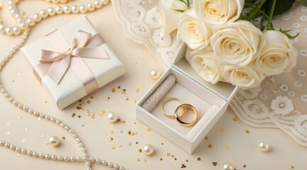 Wedding Gift Box with White Roses, Rings and Lace on Soft Beige Background – Elegant Wedding Flat Lay
