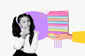 Template poster trend 3D photo collage of young schoolgirl minded think hand hold stack book library class fall school academic education