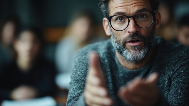 A passionate teacher addresses students, vividly explaining various concepts while engaging them in a lively classroom setting, showcasing effective communication skills.