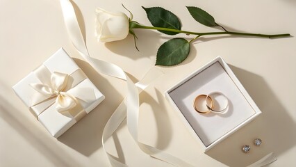 Minimal Wedding Flat Lay with Gift Box, Rings and White Rose on Beige Background