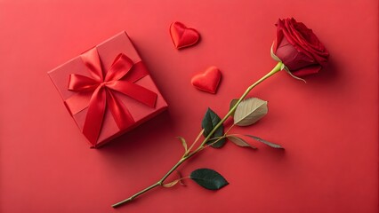 Minimal Valentine’s Day Flat Lay with Gift Box, Rose and Heart on Red Background 