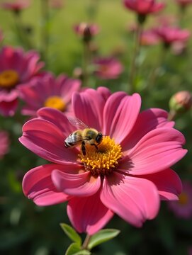 Bees gather pollen from vibrant pink flowers in a lush garden during a sunny spring afternoon