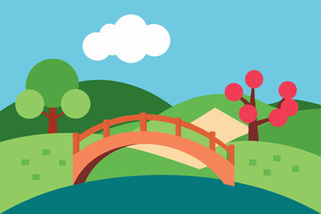 Fototapeta premium Vector illustration of a vibrant landscape featuring cityscapes and rural scenes with green hills, summer fields, and blue sky
