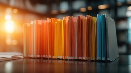 A vibrant display of colorful folders organized neatly on a library shelf, representing order, knowledge, and the pursuit of learning in a bright academic environment.