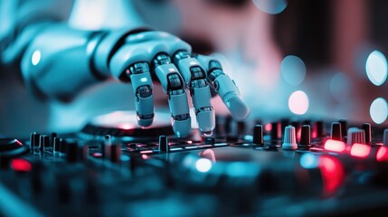 A close-up of a robotic hand skillfully mixing sounds on DJ equipment, showcasing the intersection of technology and creativity in the vibrant world of music production.