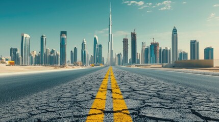 Empty asphalt road stretching towards a modern city skyline.