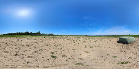 Full Spherical panorama of empty Kok-Boru Stadium in Rural Kyrgyzstan in equirectangular projection