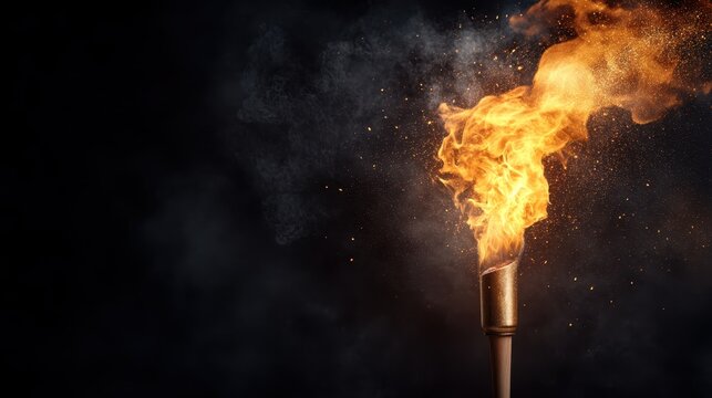 A mesmerising image of a flame ignited from a torch, showcasing the interplay of fire, smoke, and light in a dramatic and artistic visual display.