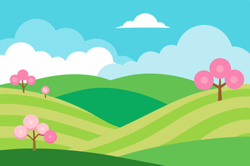 Fototapeta premium Blooming season landscape with green grass, flowers, and a sunny sky
