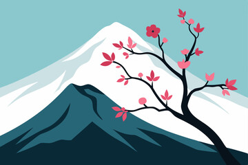 Japanese cherry blossom tree in a snowy mountain landscape, a beautiful winter nature illustration