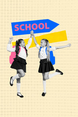 Creative artwork sketch image 3D collage of school arrow point showing way two girl friends stand hand hold together student study uniform